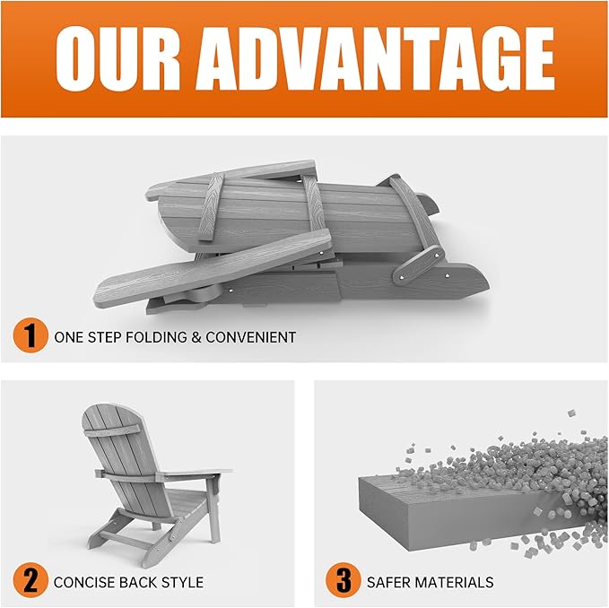 YEFU Adirondack Chair, Foldable Oversized Plastic Adirondack Chair Set of 4 with Cup Holder, Patio Chair with Weather Resistant for Outside Deck Lawn, Weight Capacity Up to 400 Lbs –Grey