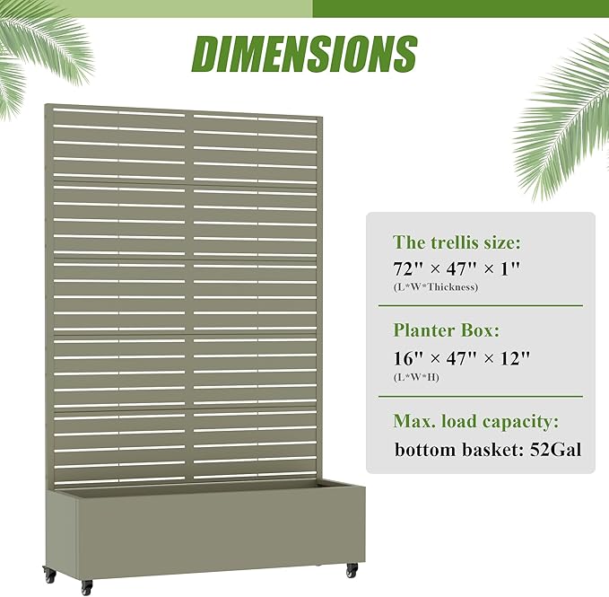 Casaphoria Metal Raised Garden Bed with Trellis and Wheels, 72"x47"x16" Planter Box for Climbing Plants, Vegetables & Vines, Features Drainage Holes and Privacy Screen, Green-Louvered