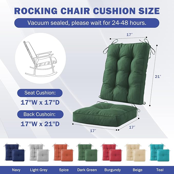 Rocking Chair Cushion, Waterproof and Fade-Resistant Patio Chair Cushions, Tufted Chair Pads for Rocker Furniture, 17x17 Inch, Indoor/Outdoor Seat Cushions with Ties, Dark Green (Pack of 2)