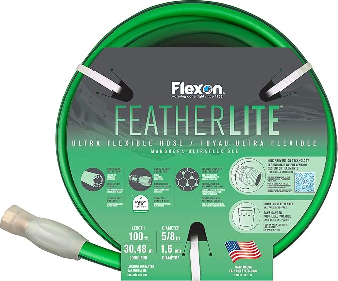 Flexon Featherlite 5/8" x 100-Foot Ultra Flexible Drinking Water Safe Garden Hose – Heavy Duty, Kink-Resistant, Lightweight, Durable, Ideal for Lawn, Garden, and Outdoor Use