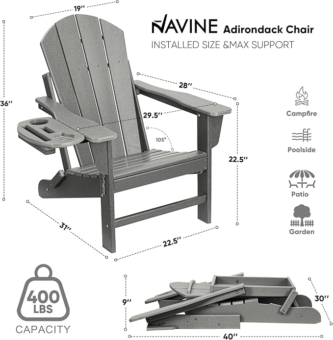 Adirondack Chair Set of 8, HDPE Folding Adirondack Chair with Multifunctional Cup Holder, Weather Resistant Fire Pit Chair for porches, patios, poolsides, Decks.