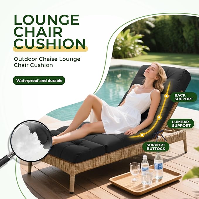 Outdoor Chaise Lounge Chair Cushion Waterproof 74.4 x 22 x 4.7 Inches Lounge Chair Cushions Replacement for Outdoor Furniture with Ties and Pocket, Thickened Pool Lounge Chair Cushions, Black