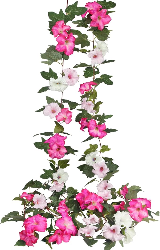 CISDUEO 2Pcs Artificial Vines for Outdoors Silk Morning Glory Garland 11.5Ft Hanging Flowers Plants Fake Petunias Vines for Indoor Home Decor Wall Fence Mantle Stairway Mailbox Rose Red Pink and White