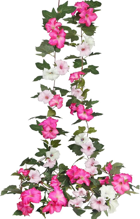 CISDUEO 2Pcs Artificial Vines for Outdoors Silk Morning Glory Garland 11.5Ft Hanging Flowers Plants Fake Petunias Vines for Indoor Home Decor Wall Fence Mantle Stairway Mailbox Rose Red Pink and White