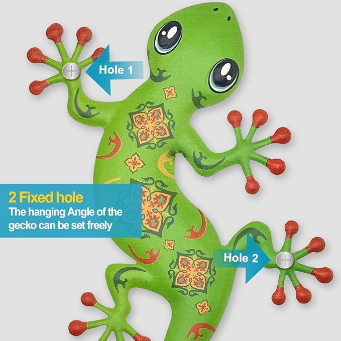 4 Pcs Metal Gecko Outdoor Decorations - Metal Wall Art Hanging Sculpture Decoration for Garden Yard Fence Porch Wall Decor, Gift for Mom Dad Friends