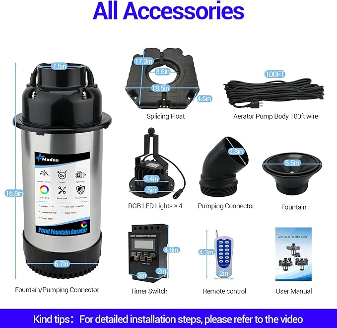 Pond Fountain Aerator with Light RGB LED, 1HP 750W Floating Fountain System for Outdoor Pond Lake, 110V 15000 GPH Fully Automatic Stainless Steel Fountain Pump with 4 LED Lights 100 Feet Power Cord