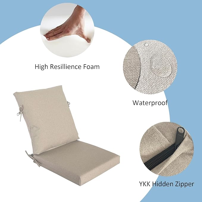 COZYVIDA Outdoor Dining Chair Cushion, Set of 1, 20" x 42",Water-Proof, UV-Resistant 1000+ Hrs, 30D Foam with Recycled Fiber Fill, YKK Zippers, Natural Linen-TPU