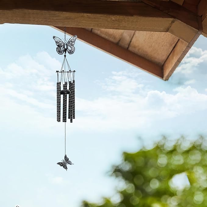 32'' Unique Butterfly Wind Chime for Outside Clearance, Garden Metal Windchimes for Outdoors Patio Decor(Black White)