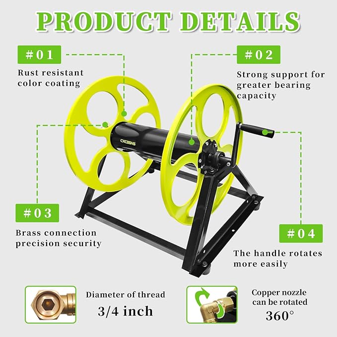 Stainless Steel Garden Hose Reel for 5/8" stainless steels Hoses Reel with Crank Handle Hose Reel Wall Mount 3/4 in Brass Fitting for Hassle-free Outdoor ， Holds up to 400-Ft (Hose not included)