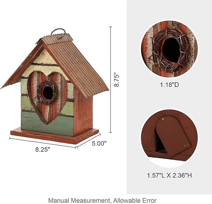 Glitzhome Hanging Bird House for Outdoor, 8.75" H Decorative Pet Cottage Distressed Heart Wooden Birdhouse for Outside, Garden Birdhouse for Bluebird Hummingbird Wren Finch Cardinals Cedar