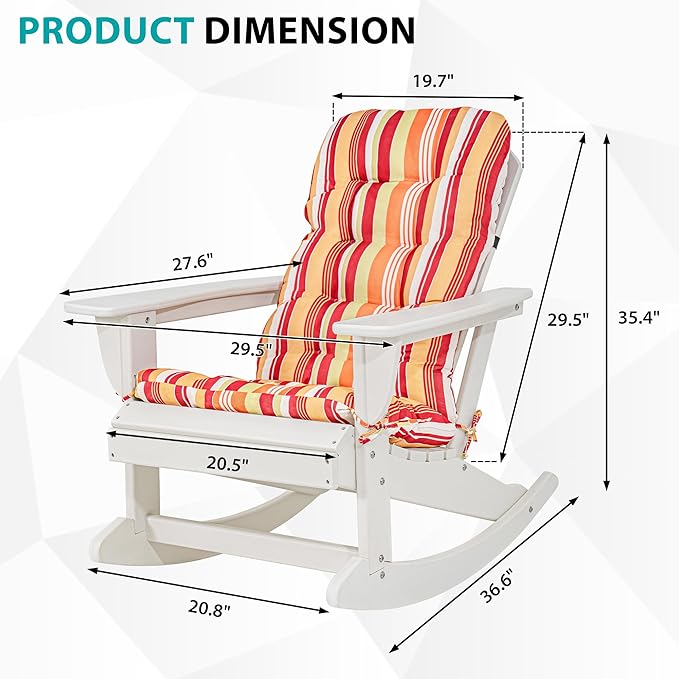 Sundale Outdoor Adirondack Rocking Chair with Cushion, HDPE Patio Plastic All Weather Adirondack Rocker, Water Resistant for Outside, Garden, Pool, Yard, White