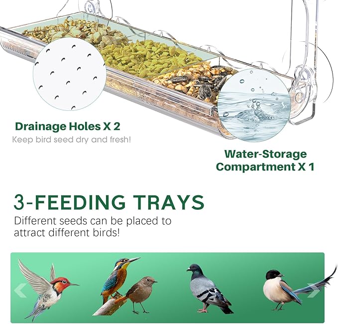 Window Bird Feeder for Outdoors, Clear Bird Feeders Window Mounted with Strong Suction Cups, Transparent Birds House Outside Wild Watching for Garden, Yard, Elderly Kids Viewing