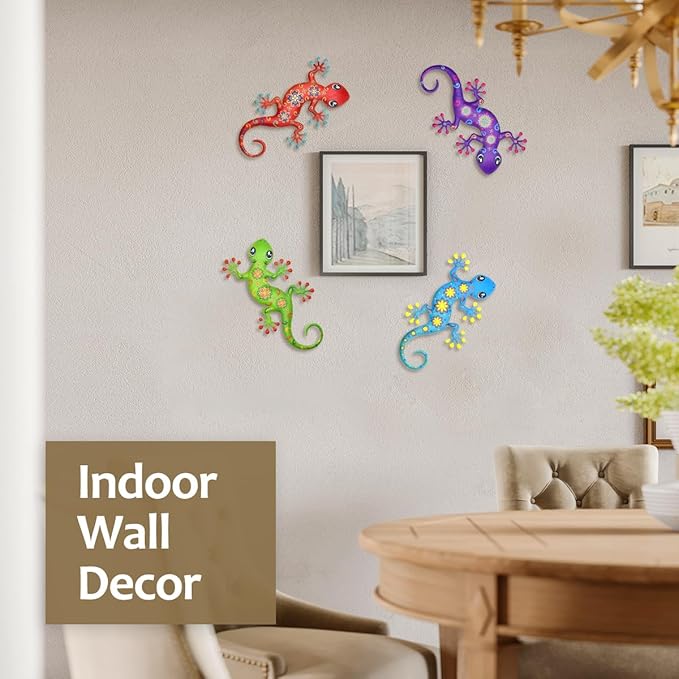 4 Pcs Metal Gecko Outdoor Decorations - Metal Wall Art Hanging Sculpture Decoration for Garden Yard Fence Porch Wall Decor, Gift for Mom Dad Friends