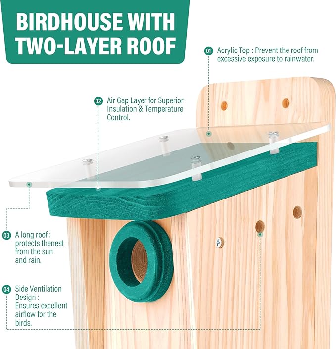 2 Pack Cedar Wood Bird Houses for Outside Hanging, Large Bird Houses for Outdoors with 2 Layers Roof, Easy DIY Outdoor Nesting Box for Adults, Nesting Boxes for Cardinals, Chickadees, Wrens
