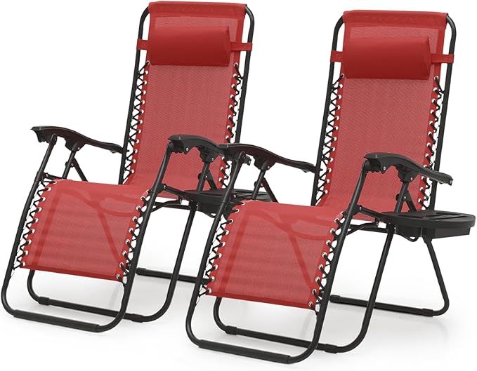 Magshion Zero Gravity Lounge Chairs Set of 2, Outdoor Patio Reclining Chair with Side Tray, Adjustable Anti-Gravity Recliners with Pillow Headrest, Folding Lounger for Lawn Camping Beach, Maroon