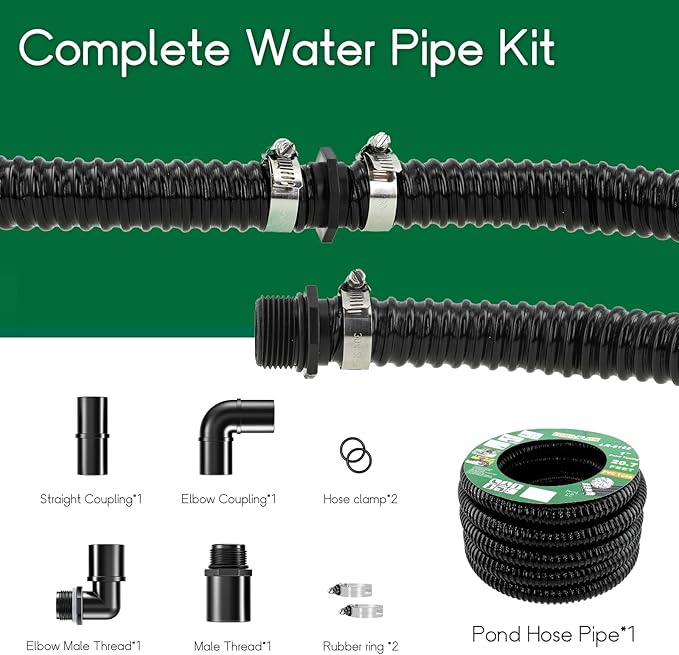 LONGRUN Pond Tubing 1.5 Inch 1-1/2'' Diameter, 26.9 ft Long Corrugated Flexible Hose Pipe with Clamps Pipe Fittings, Pool PVC Tube for Garden Ponds Waterfalls Camping Caravans Filters Drainage Marine