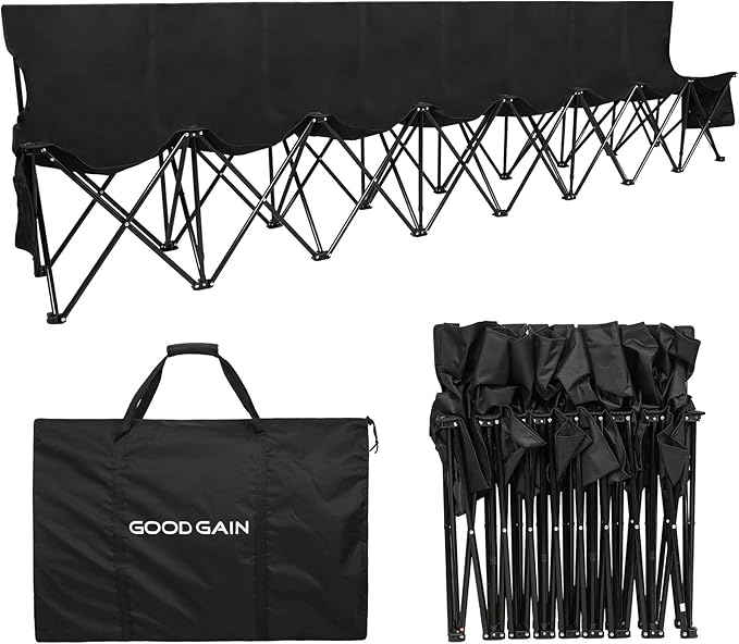 G GOOD GAIN Portable Soccer Bench - Team Bench Soccer 8 Seats with Bag, Sideline Folding Bench, Folded Chair Seating 8 for Football Camp Outdoor Sport Events, Team Chairs for Adults, Black