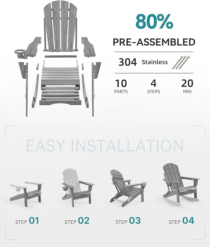 Adjustable Adirondack Rocking Chair with Retractable Ottoman, 4-in-1 Multifunctional Folding Patio Chair with Cup Holder, Outdoor Chair Wood Texture for Lawn, Porch, Backyard, Pool(Grey)