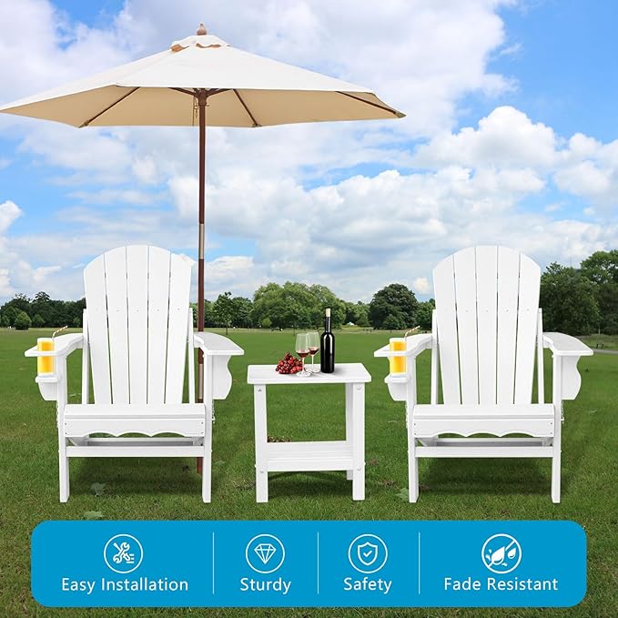 Folding Adirondack Chairs with Side Table, White Adirondack Chairs Weather Resistant, Outdoor Fire Pit Chairs for Patio Garden and Deck