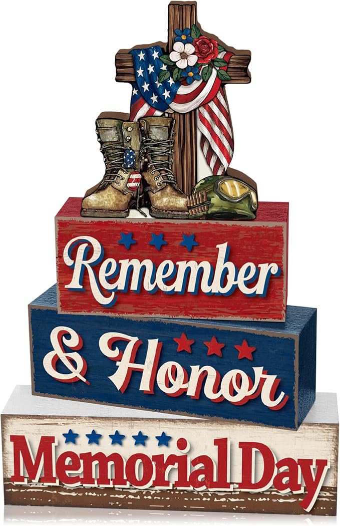 4 Pcs Memorial Day Table Decor Patriotic Remember Honor Our Heroes Wooden Sign Fourth of July Tiered Tray Decor Red White Blue Table Centerpiece for Home Office Desk Shelf Mantel Decorations