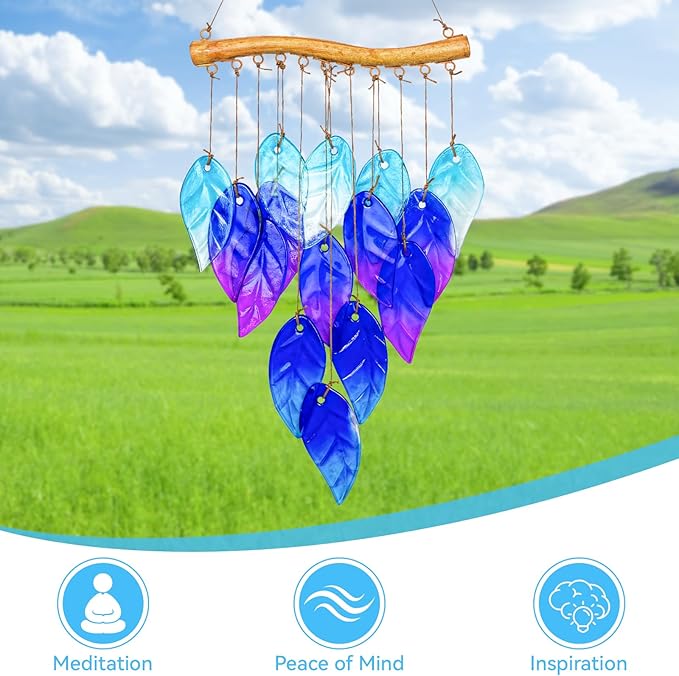 Sea Glass Wind Chime, Leaf Shape Glass Windchime for Outside, Indoor Outdoor Decor for Patio Garden Yard, Nice Gifts for Mom & Women, Memorial Sympathy Gift for Home