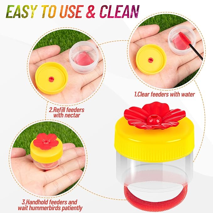 Hand Held Hummingbird Ring Feeders, 4Pcs Mini Hummingbird Hand Feeder with 4Pcs Cleaning Brush, Window Humming Wild Bird Feeders Tools for Outdoors Supplies