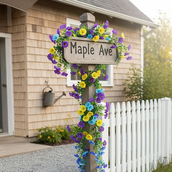 GTIDEA 6Pcs Fake Vines 36Feet Artificial Hanging Morning Glory Flower Garland Faux Vines for Outdoors for Wall Fence Indoor Wedding Decor (Blue & Yellow)