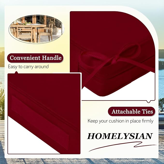Waterproof Outdoor Chair Cushions Set of 2, Square Outdoor Seat Cushions with Ties and Removable Covers, 22 x 22 Outdoor Cushions for Patio Furniture with Portable Handle(Burgundy)