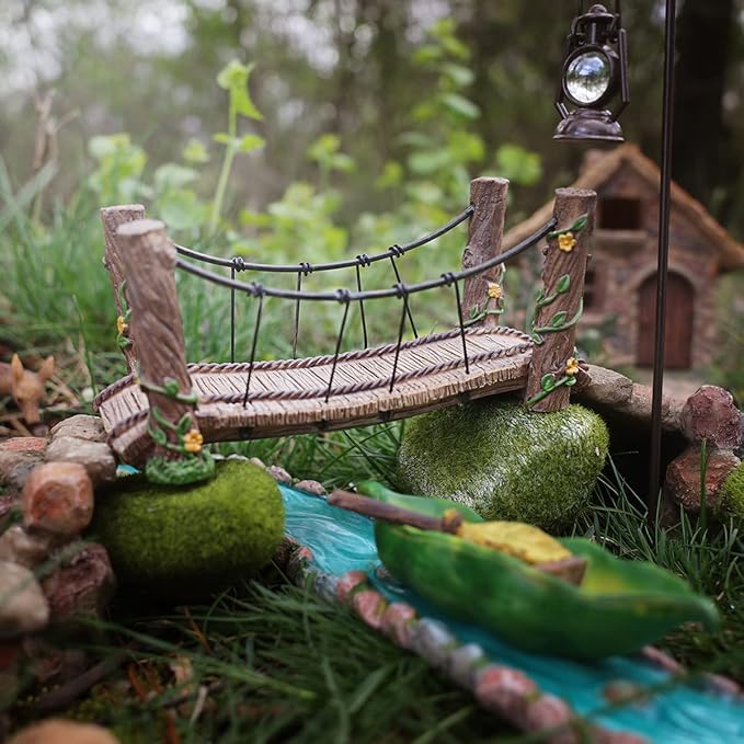 Treasure Gurus Rope Wooden Bridge Outdoor Fairy Garden Ornament Miniature Dollhouse Decor Accessory