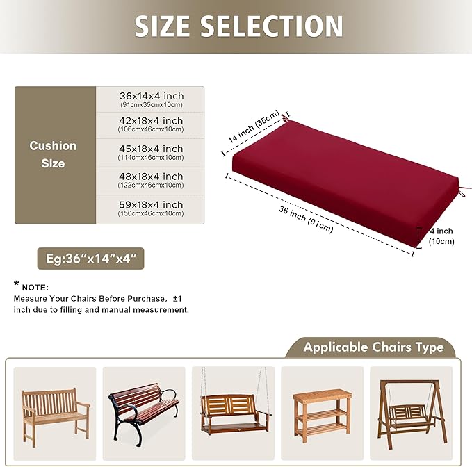 Outdoor Bench Cushion Waterproof 59"x18" – Fade-Resistant Patio Furniture Cushion with Ties for Loveseat, Porch Swing or Indoor Bench Replacement, Burgundy