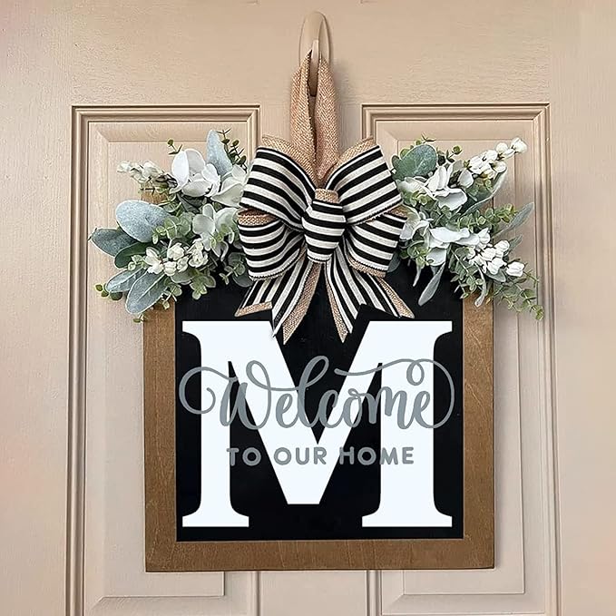 Last Name Porch Decor, Welcome Sign, 26 Letter Wreaths for Front Door, Spring & All Seasons Monogram (M)