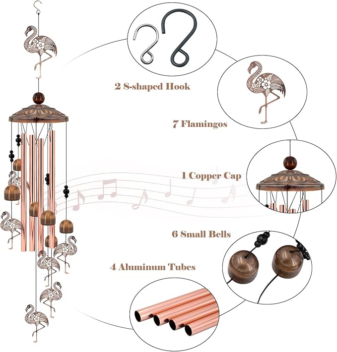 Flamingo Wind Chimes for Outside, Metal Flamingo Gifts for Women/Mom, Birthday Memorial Windchimes Outdoors, Retro Garden Decor for Outside Patio Yard, Unique Bird Lover Decorations