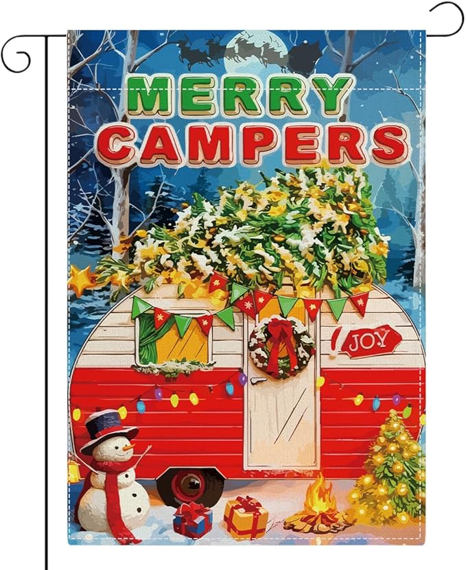 Merry Campers Christmas Garden Flag Xmas Winter Holiday Outside Outdoor Lawn Decorations Yard Flag Double Sided 12x18 Inch