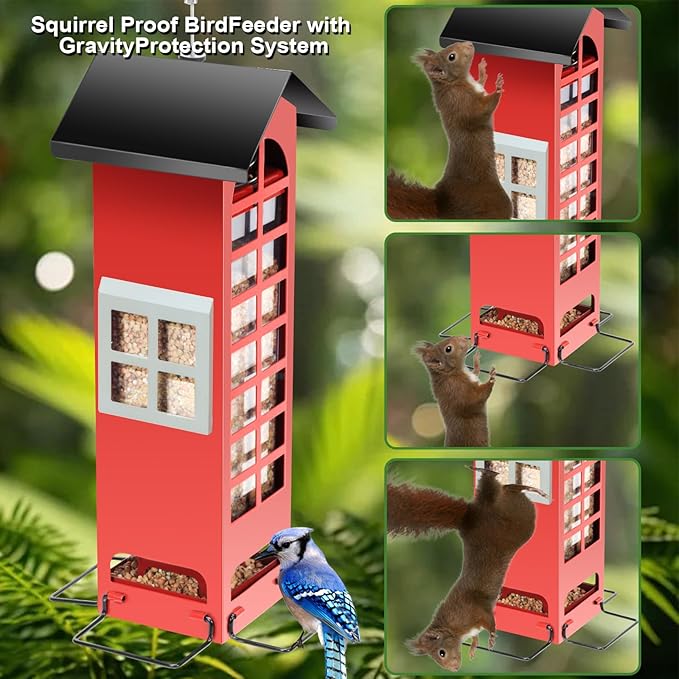 Bird Feeders Squirrel Proof for Outdoor Hanging, Weight Activated Metal Wild Bird Feeders, Spring Cardinal Tube Birdhouse Finch Seed Feeder with 4 Feeding Ports, 2.5LB Capacity