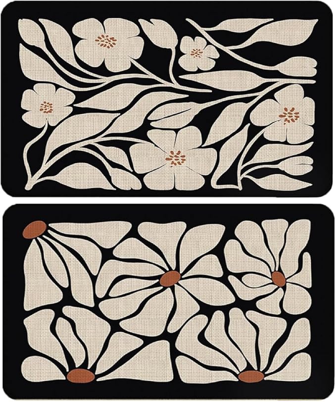 Boho Beige and Black Floral Door Mat Set 2 - Bohemian Neutral Floral Front Door Welcome Mats Outdoor Entrance, 17x30 Rug