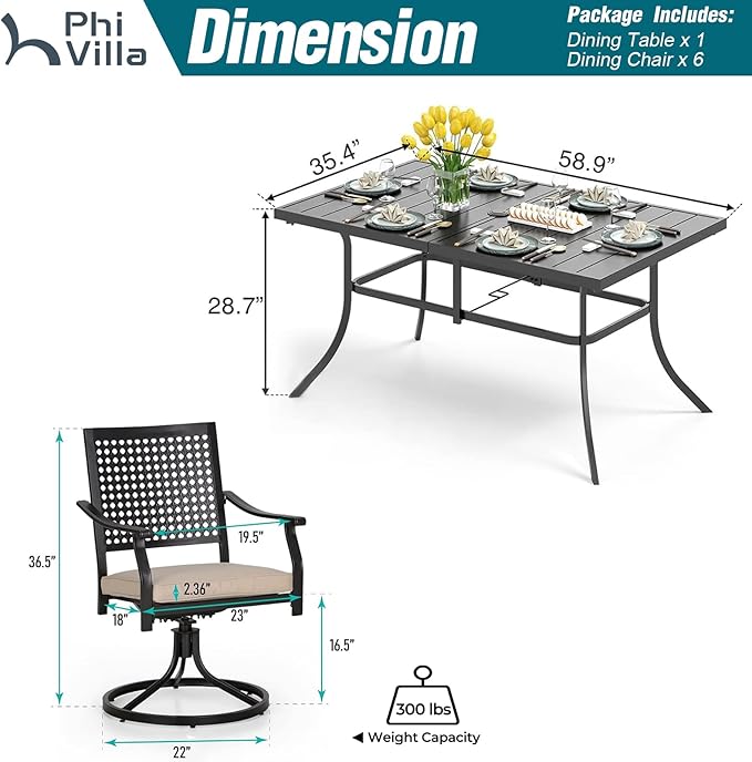 PHI VILLA 7 Pieces Outdoor Dining Set for 6, Rectangular 60" Steel Dining Table & Wrought Iron Swivel Dining Chairs with Cushions, Morden Dining Furniture Set for Patio, Deck, Porch