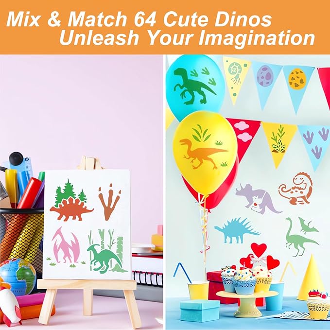Dinosaur Stencils for Painting, 64PCS Dino Patterns Small Stencils for Crafts Reusable, Prehistoric Theme Stencils for Kids & Home Decor