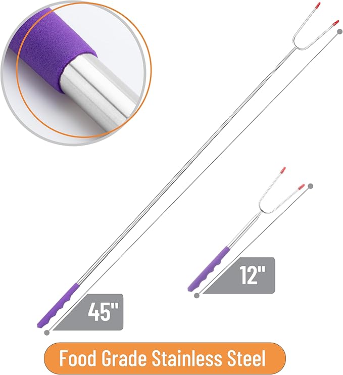 UNCO- Extra Long Marshmallow Roasting Sticks, 8 pcs, 45", Colorful Rubber Handles, Extendable Stainless Steel Marshmallow Roasting Sticks with Canvas Storage Bag, Skewers for Smores Skewers