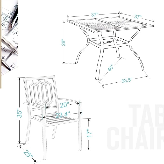 PHI VILLA 5-Piece Metal Patio Outdoor Table and Chairs Dining Set- 37" Square Bistro Table and 4 Backyard Garden Chairs, Table with 1.57" Umbrella Hole