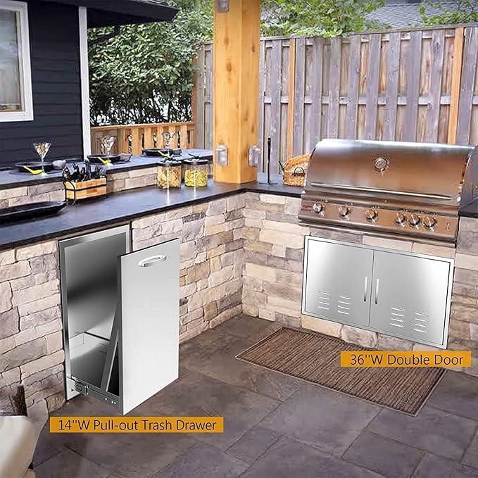 Built-in Single Trash Drawer 14" W x 27" H x 20" D, Pull-Out Tray Outdoor Kitchen Stainless Steel Trash Drawer Storage One Trash Bin for BBQ Island Grill Station