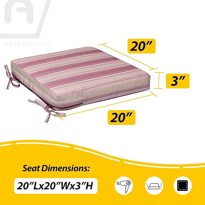 AAAAAcessories Outdoor Seat Cushions for Chairs, Waterproof, Fade-Resistant, 20" x 20" x 3", Patio Furniture Replacement Cushions, Set of 2, Dusty Rose Garden Stripe