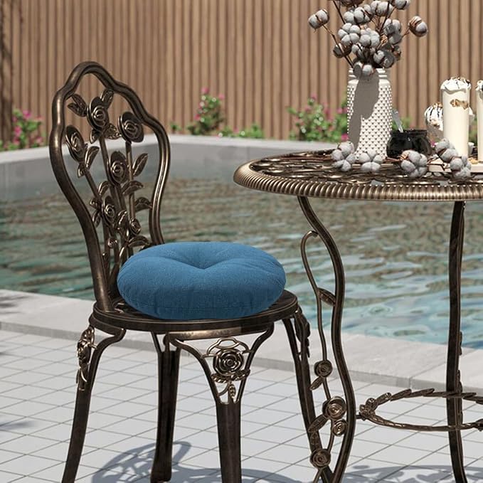 Bistro Chair Cushions 15 inch,Set of 2,Tufted Round Chair Cushions with Ties,15"x15"x4",Water Resistant Round Seat Cushion for Barstool Chairs,Patio Garden Kitchen Outdoor Furniture(Denim Blue)