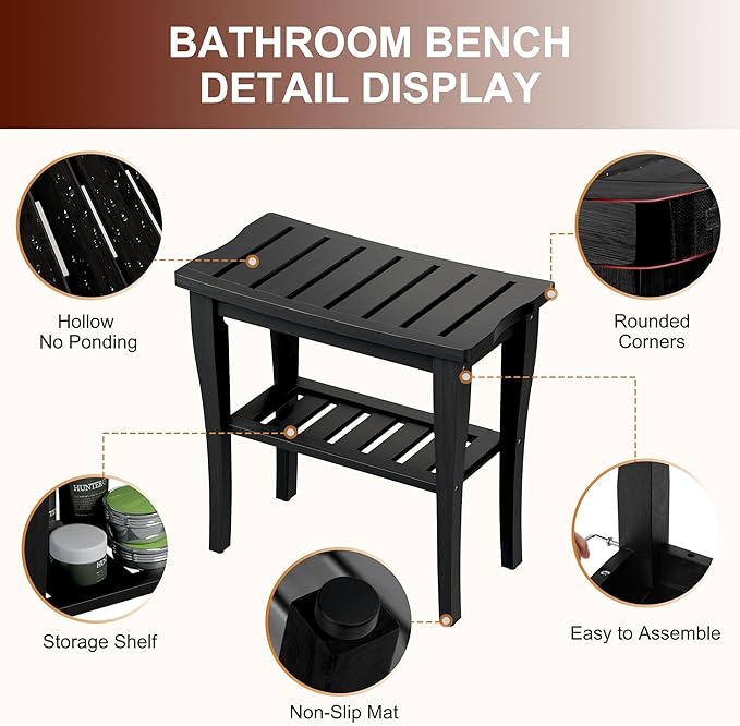 Bamboo Shower Bench Stool with Storage Shelf, Waterproof Shower Chair Spa Bath Seat, Shower Stool for Inside, Bathroom Bench Seat for Adults Elderly Seniors for Indoor or Outdoor Use(Black)