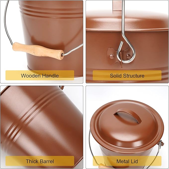 Mini Ash Bucket with Lid, 1.5-Gallon Pail with Shovel and Hand Broom, Metal Bucket Coal and Ash Carrier (Copper)