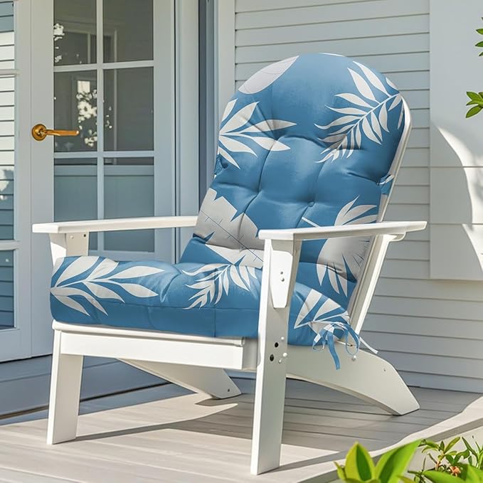 Adirondack Chair Cushion Waterproof Indoor Outdoor Rocking Chair Cushion 44 Inches Patio High Back Chair Cushions Thickened Adirondack Rocking Chair Cushions with Ties, Blue Leaf