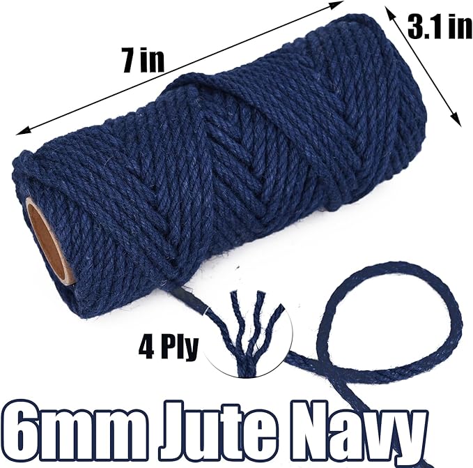 Leecogo 6mm Jute Rope 100 Feet Natural Craft Rope Twine String Perfect for Home Gardening Macrame Arts Crafts DIY Cat Scratching Post Replacement Repairing Recovering Cats Toy Making,Navy Blue