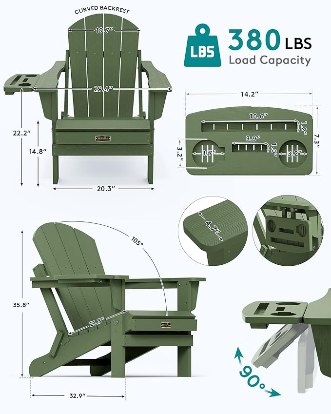 SERWALL Foldable Adirondack Chair Set of 2, Adirondack Chairs with 4 in 1 Cup Holder, Weather Resistant Plastic Chair for Patio Garden Outdoors Fire Pit Chairs - Avocadogreen