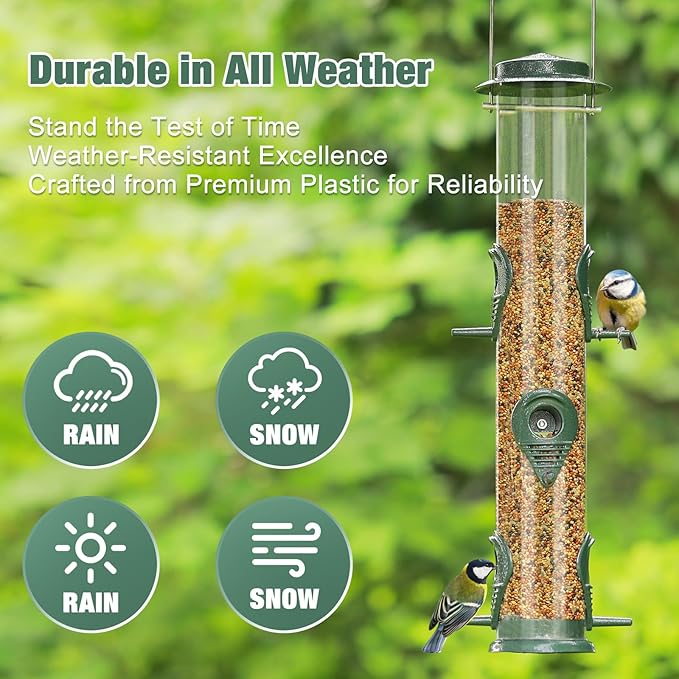 ERYTLLY Metal Bird Feeders 6 Port Tube Bird Feeder for Wild Birds, 1.4mm Extra Thick Solid Tube Transparent with Steel Hanger Bird Feeders Squirrel Proof for Outside