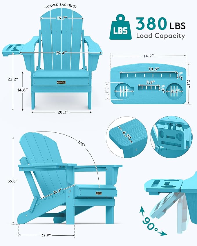 SERWALL Folding Adirondack Chair Set of 4, Outdoor Adirondack Chairs with 4 in 1 Cup Holder, Wood Texture Patio Chairs, Weather Resistant Fire Pit Chairs for Patio Deck Garden, Backyard - Aruba Blue