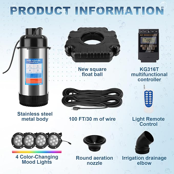 Upgraded Pond Fountain Aerator with 4 Color-Changing Mood Lights, 1HP 750W 110V 15000 GPH, Stainless Steel Body, 100ft Cord & Timer for Ponds & Lakes